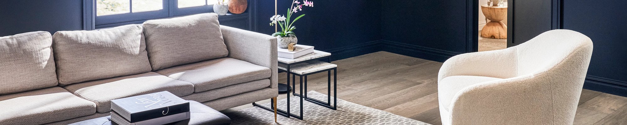 Living room with blue walls and area rug from Expressway Carpet in Mobile, AL